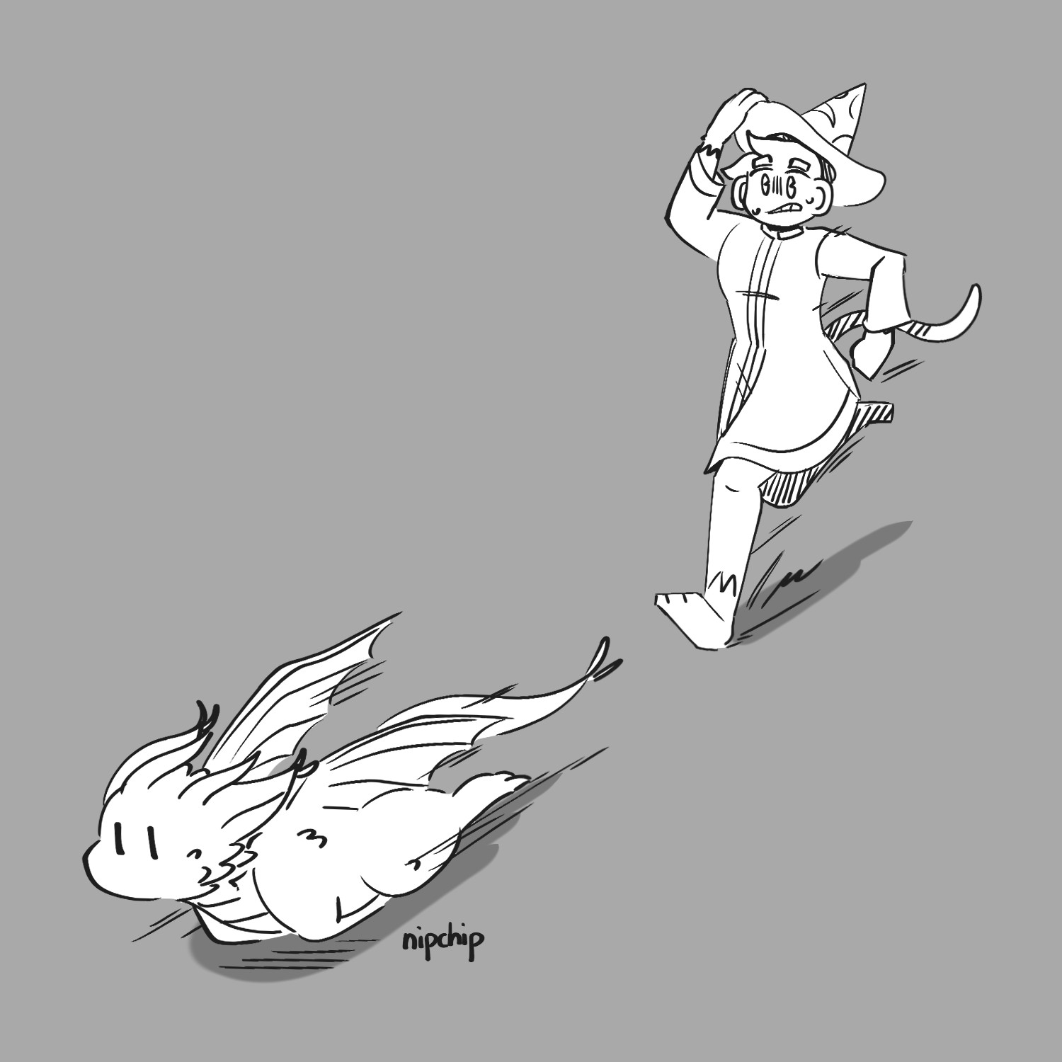 A wizard monkey chasing after a baby dragon on the loose.